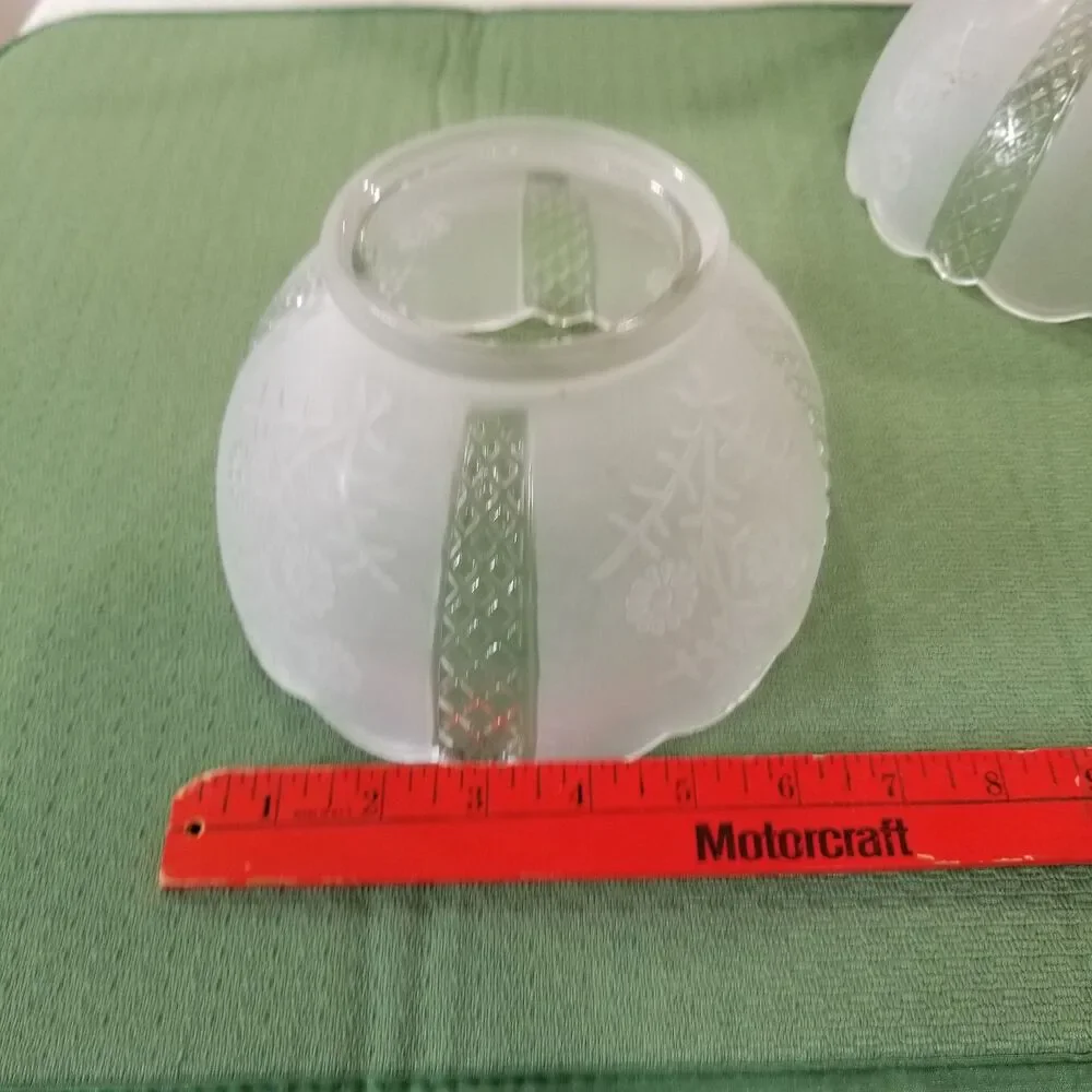 Vintage Frosted Glass Lamp Shades Pair – Floral & Diamond Pattern